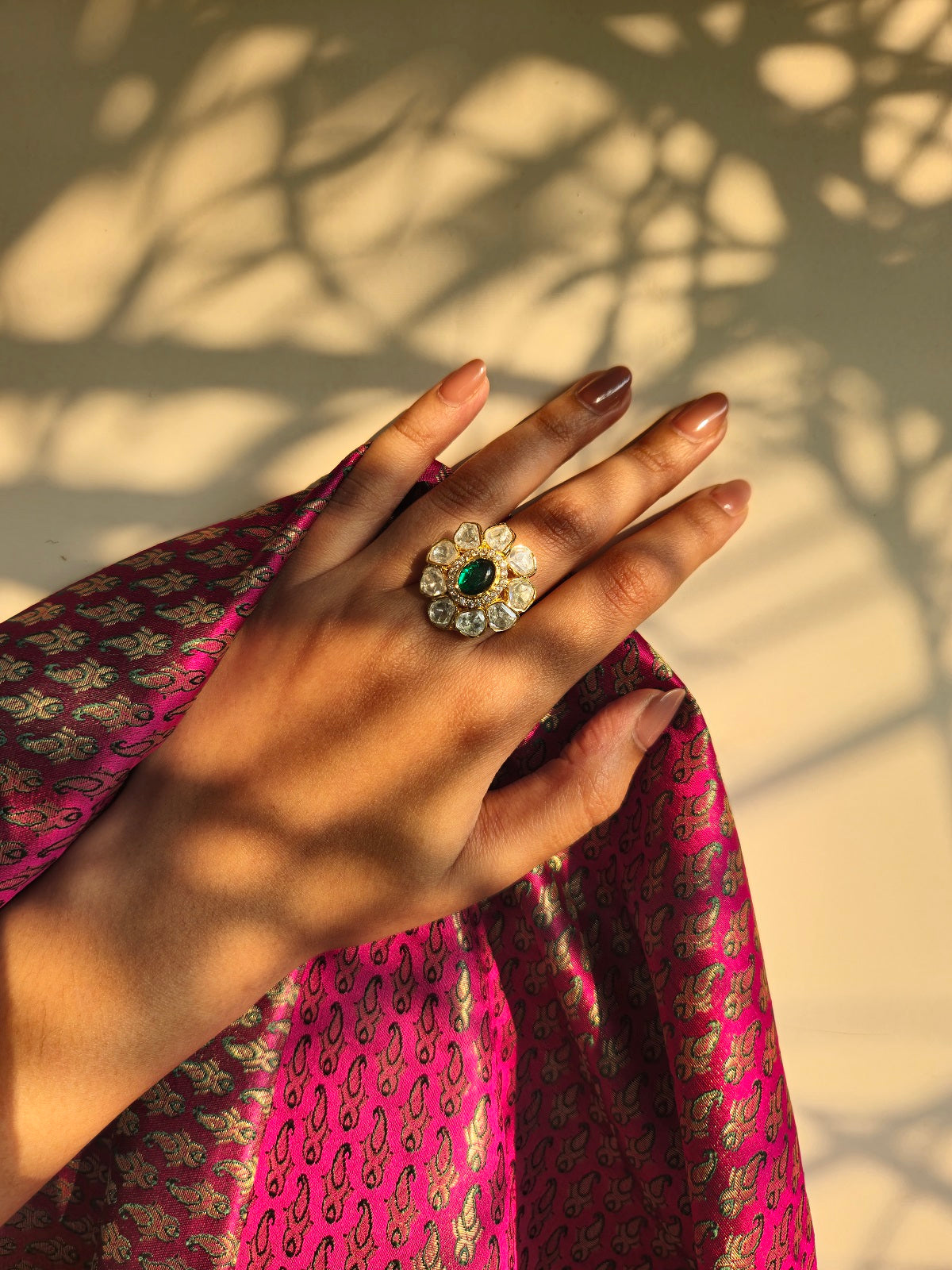 Emerald Stone Flower Ring