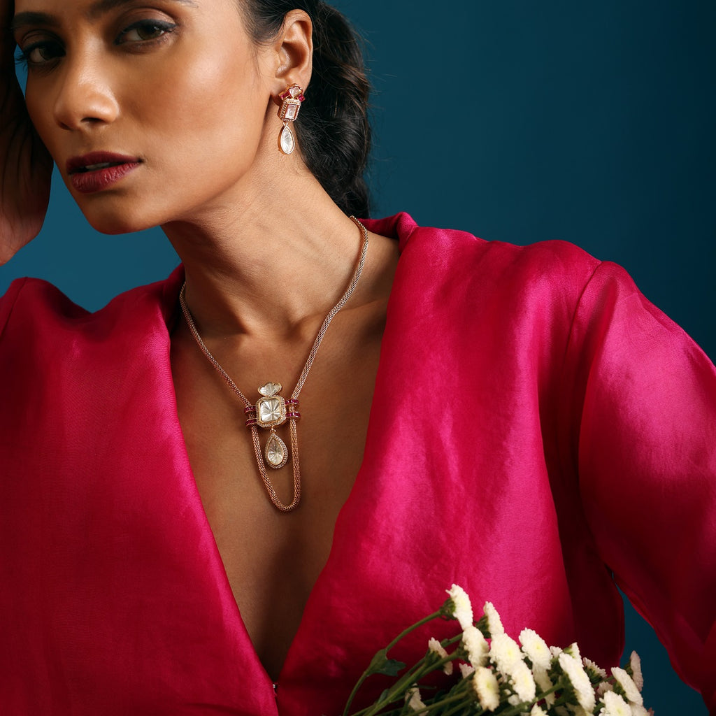 Ruby Gold Chain Tear Drop Pendant Set