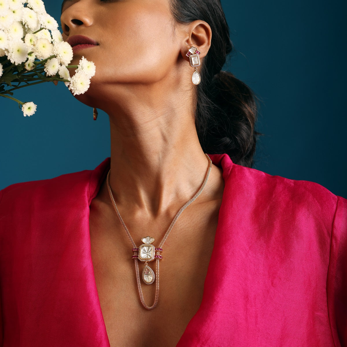 Ruby Gold Chain Tear Drop Pendant Set