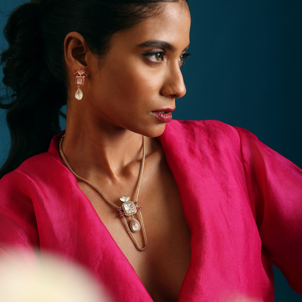 Ruby Gold Chain Tear Drop Pendant Set