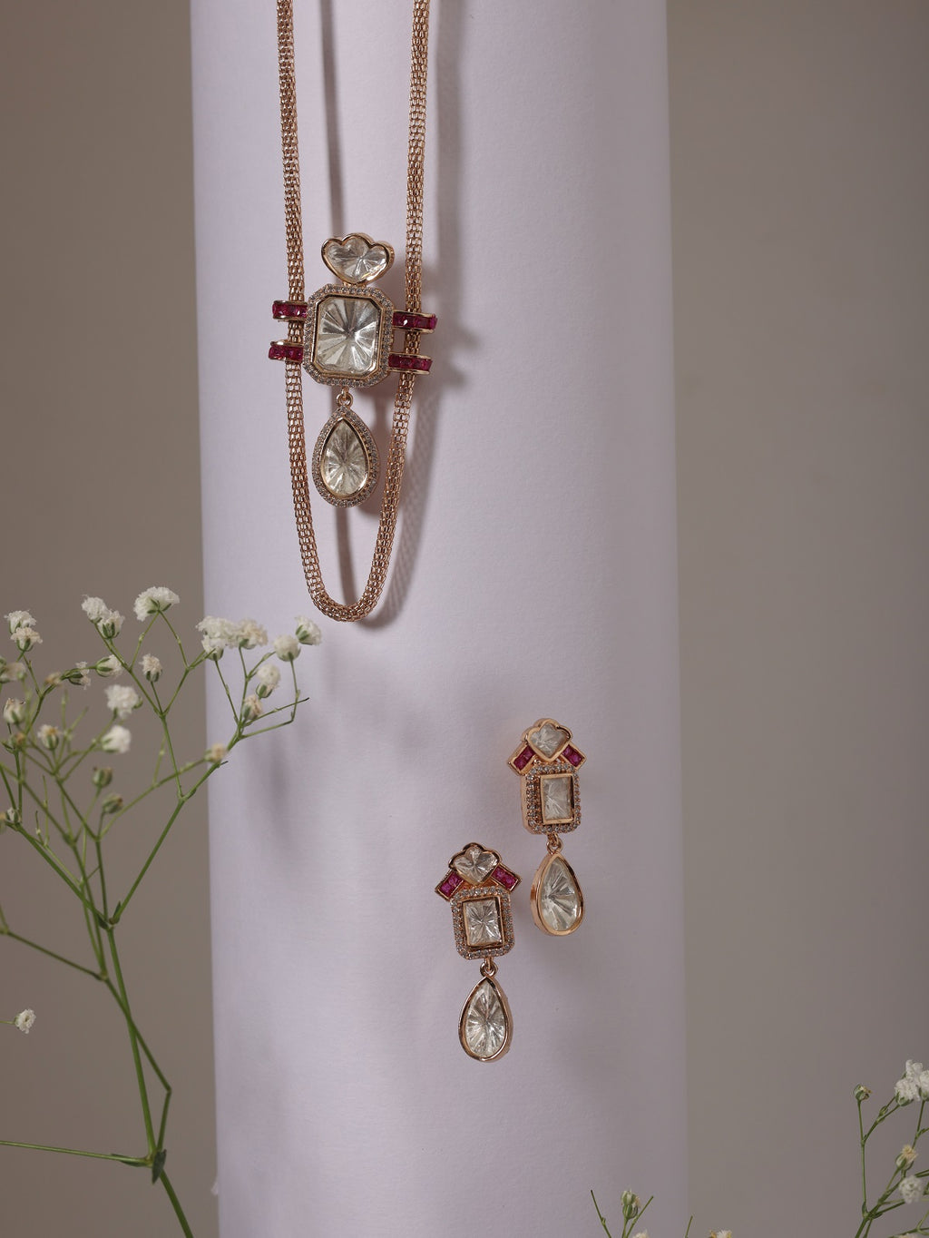 Ruby Gold Chain Tear Drop Pendant Set