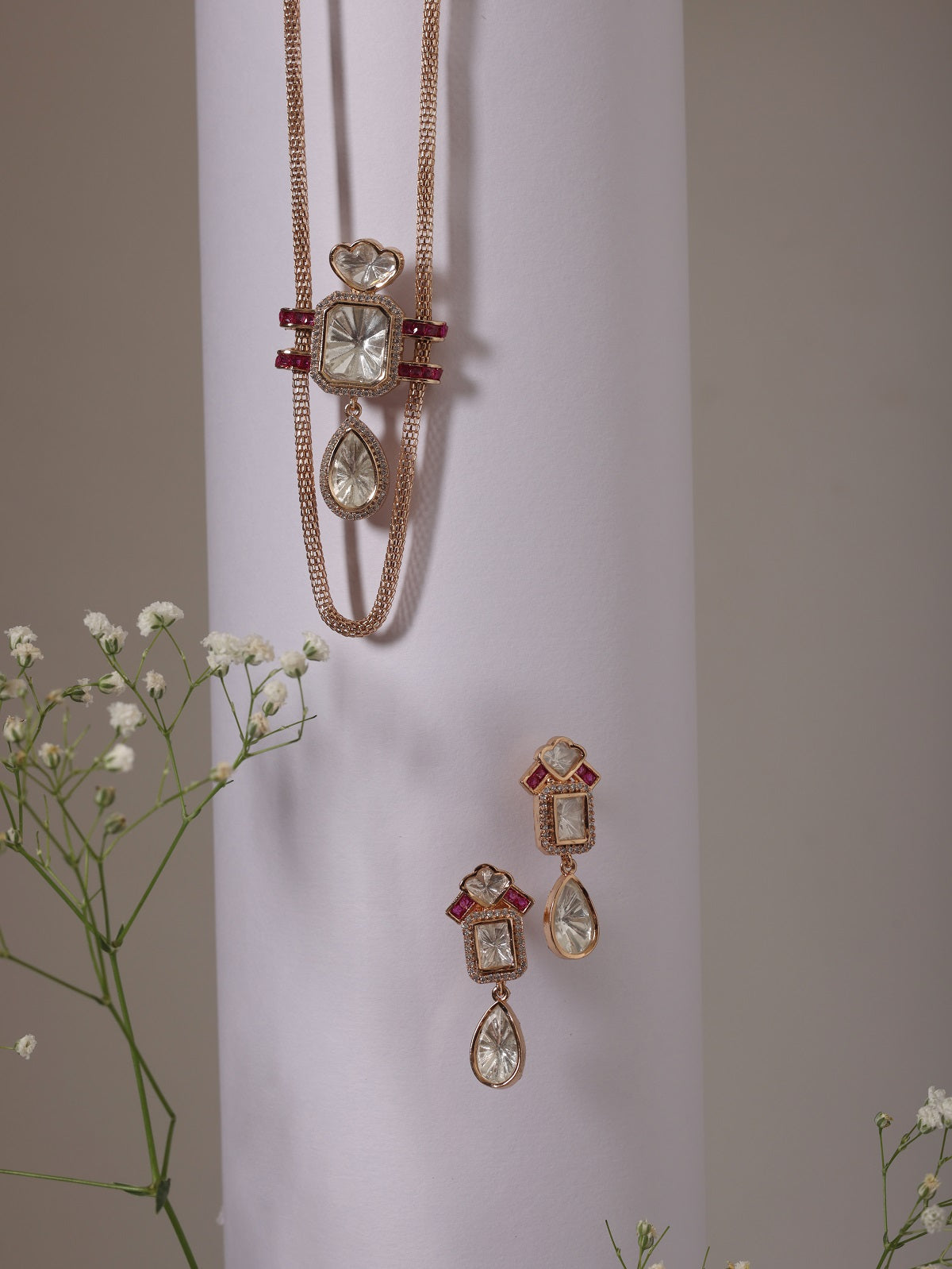 Ruby Gold Chain Tear Drop Pendant Set