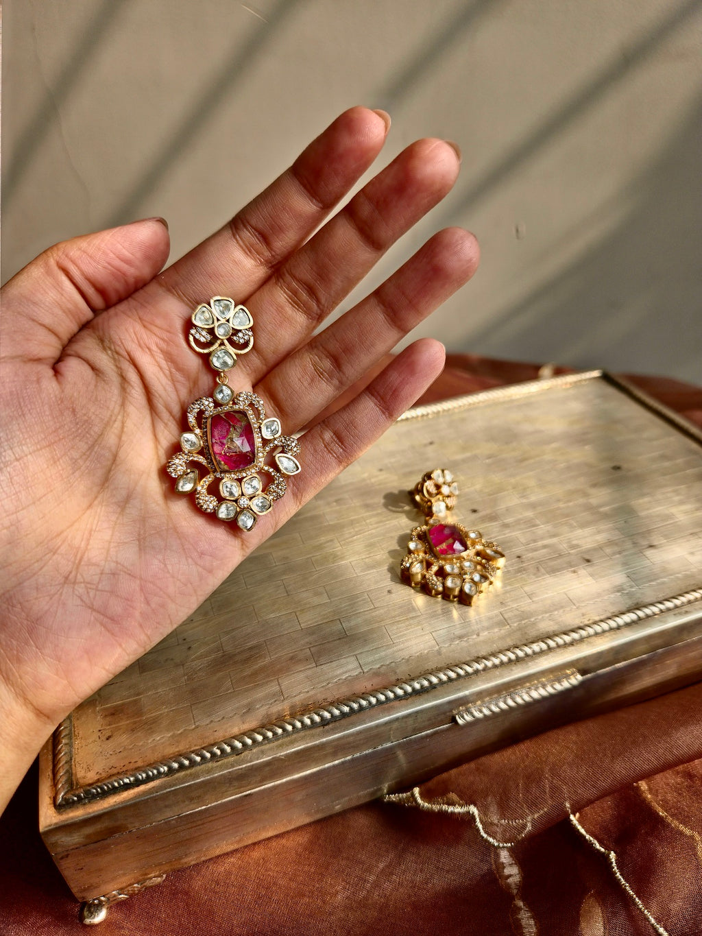 Ruby Stone Flower Earrings