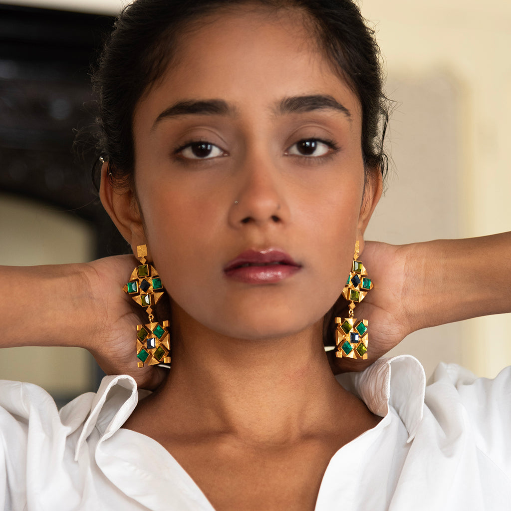 Green & Brown Square Earrings