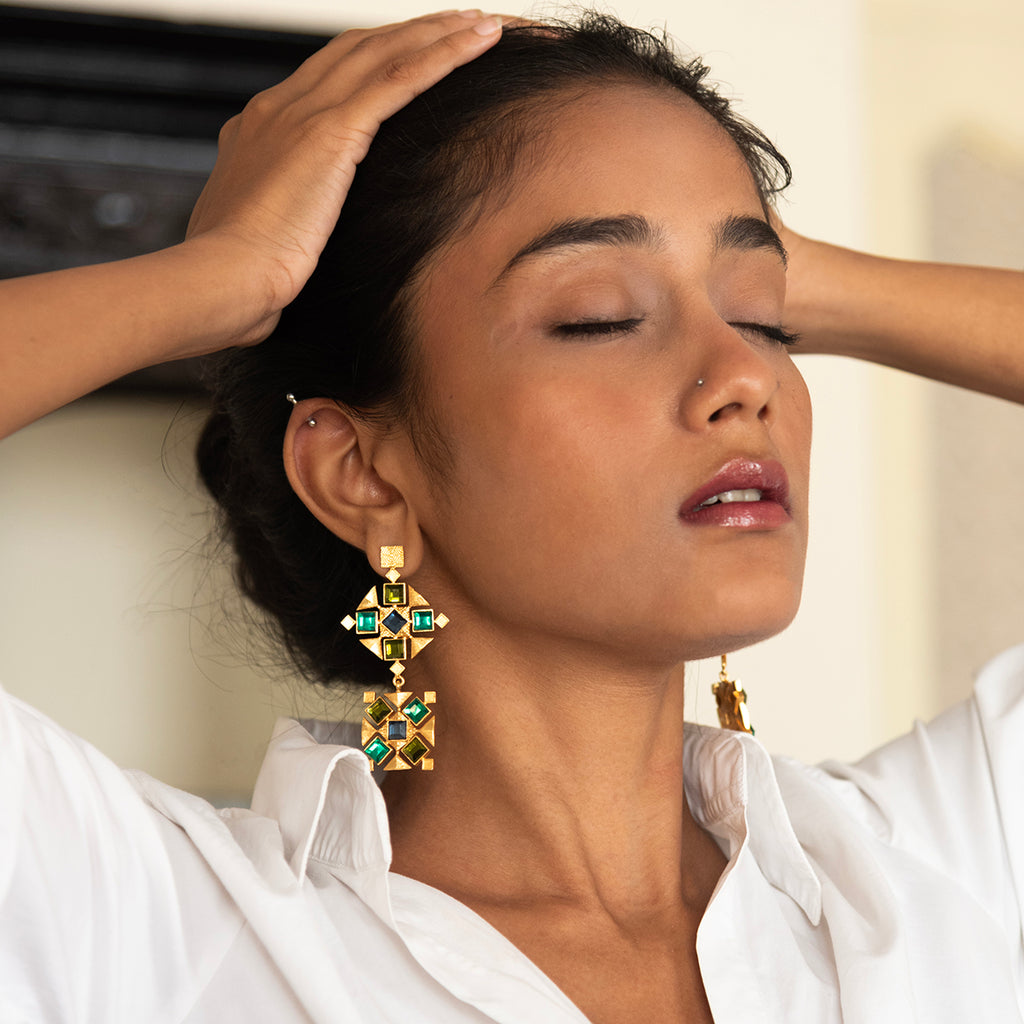 Green & Brown Square Earrings